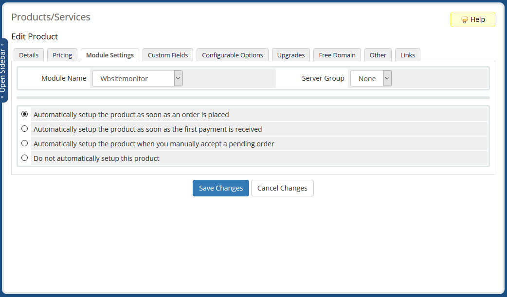 WHMCS Product Setup